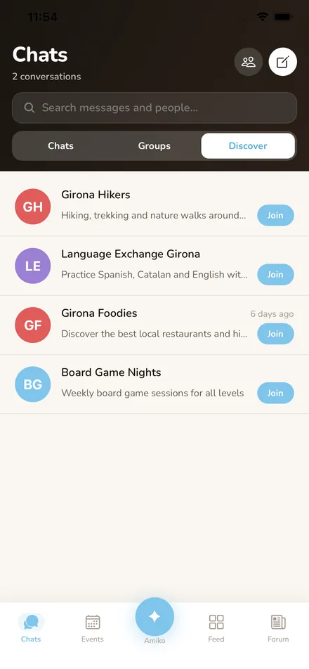 Xats i converses de grup a l'app